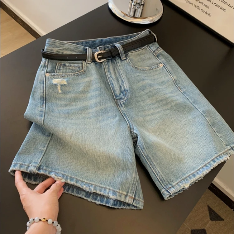 美式复古蓝色五分牛仔短裤女2025夏季新款高腰遮胯显瘦直筒阔腿裤