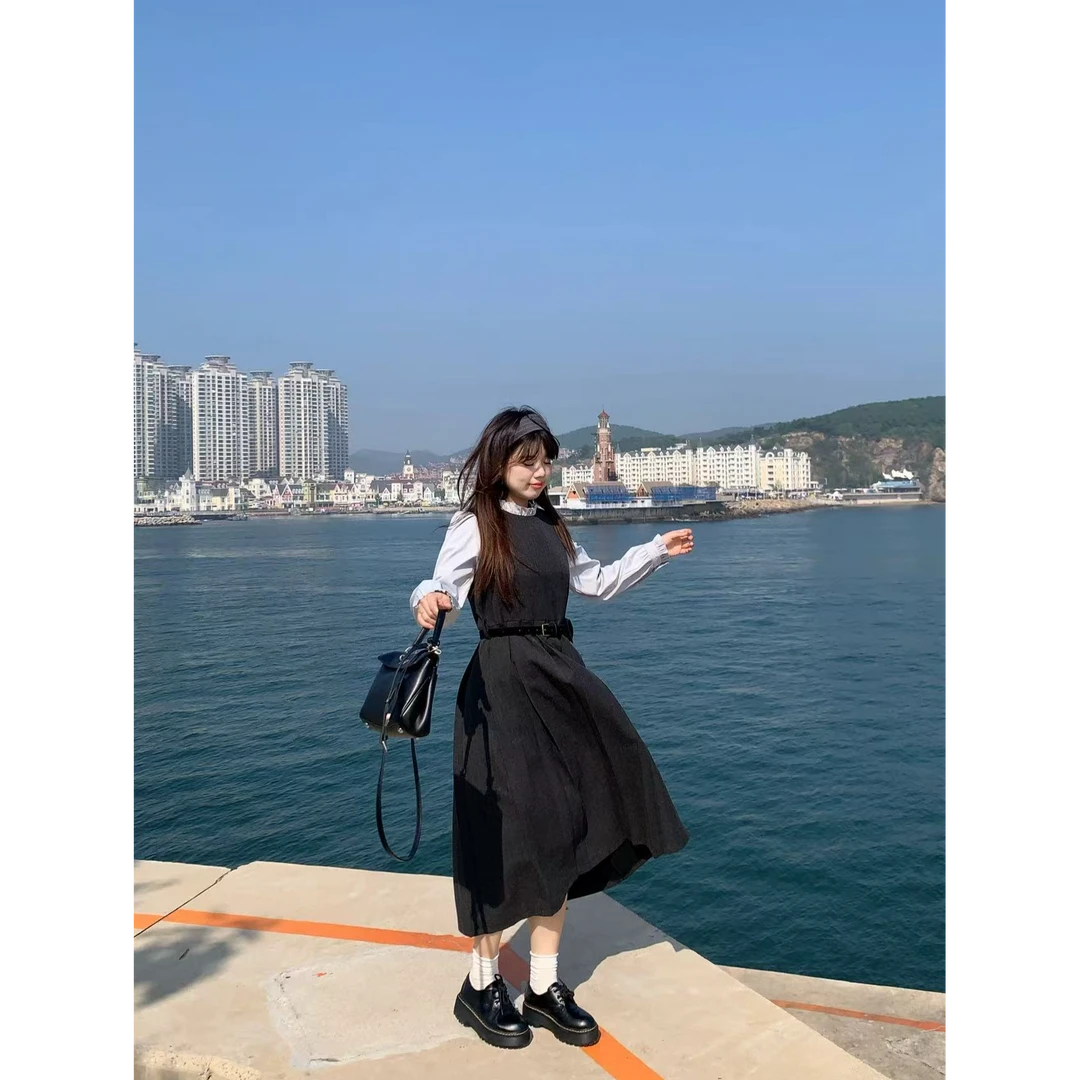 米米子“海德堡学院”灰蓝撞色深灰花边领西装学院风长裙连衣裙秋季