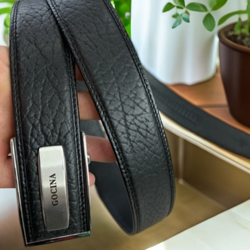 库奇世家真皮男士皮带头层牛皮野牛纹自动扣腰带3.8不锈钢扣皮带