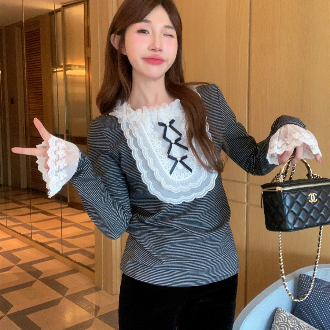 JENNIFER JXLIU韩版冬季～条纹混搭蕾丝花边休闲弹力显瘦磨毛棉T恤