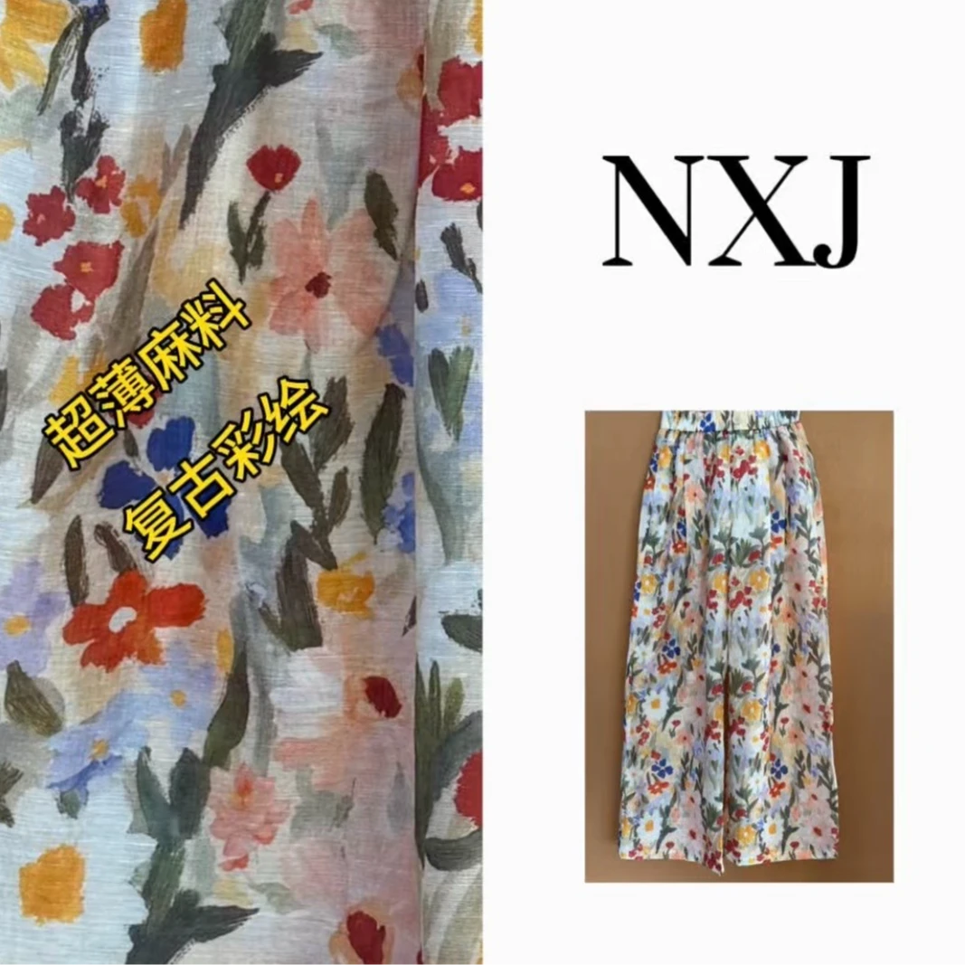 【花仙子】微胖大码 宽松大版彩绘天丝麻阔腿裤长裤女 260684