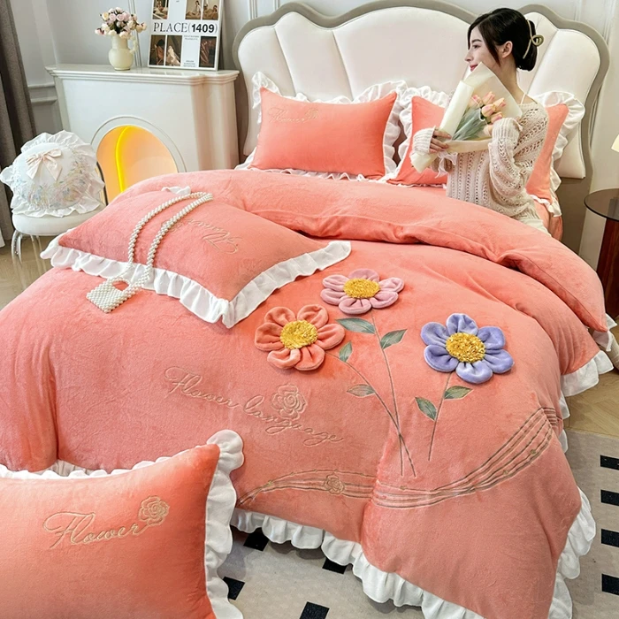 加厚重工公主风工艺款刺绣贴布绣四件套牛奶绒四件套