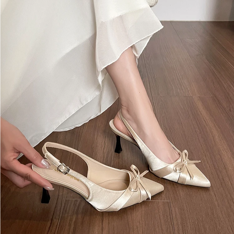 2025春夏季新款银色蝴蝶结细跟高跟鞋女绸缎尖头凉鞋法式气质单鞋