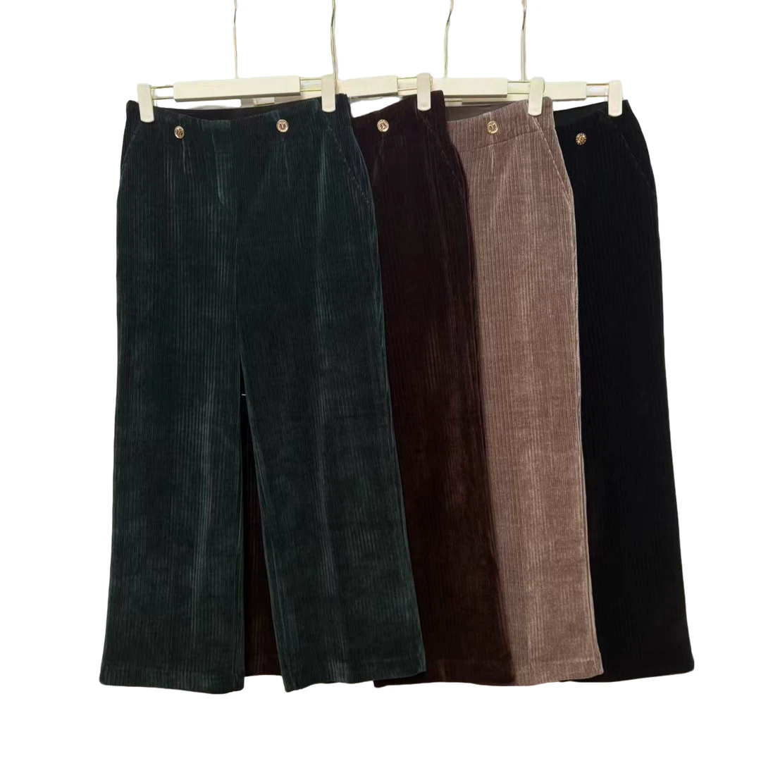 【延盛2】韩国秋冬新款两粒扣时尚粗条绒灯芯绒女士直筒休闲裤