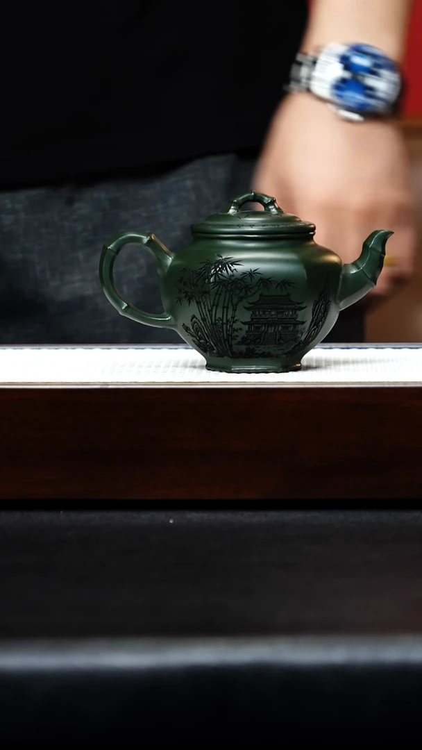 茶杯紫砂宜兴紫砂 六方笑樱 绿泥 梅付春 h457