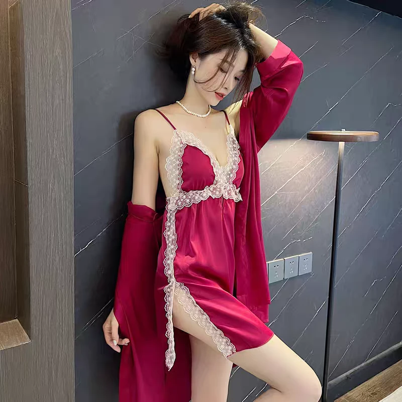 【红酒】性感纯色薄款无袖女长袖拼接吊带连体睡裙夏季镂空短裙女士