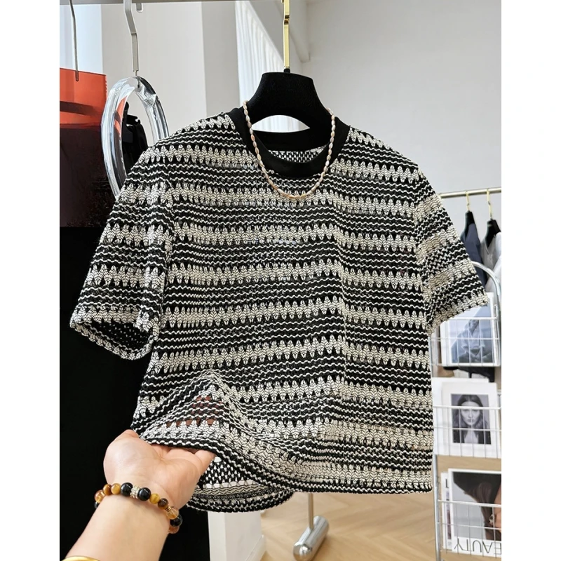 00230高级感超好看韩系镂空条纹短袖蕾丝衫女夏季半袖短款T恤上衣