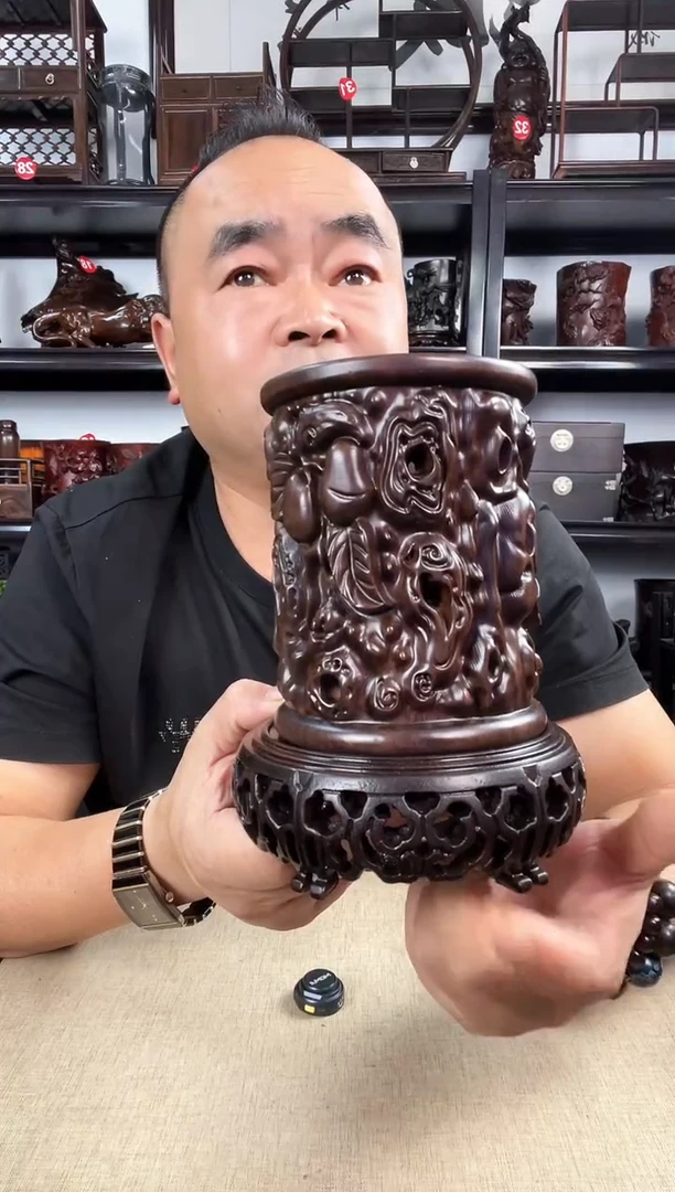 木新款3+寿桃笔筒老李红木工艺品