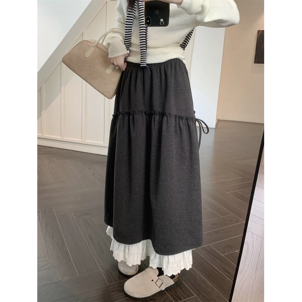 甜美花边拼接显瘦半身裙女秋冬灰色木耳边a字裙高腰蛋糕裙长裙