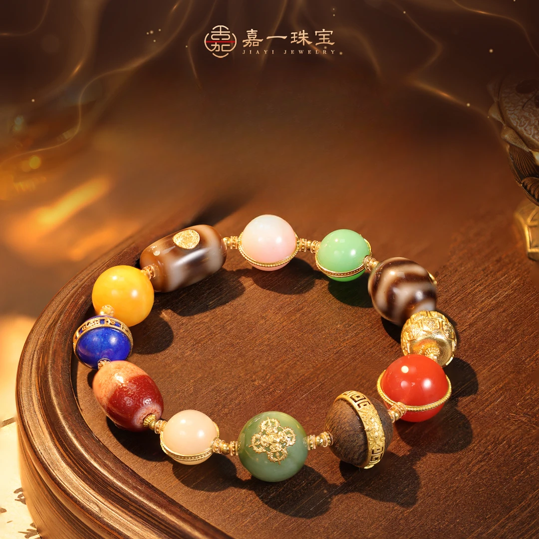 【嘉一珠宝】岁库盈余共富裕·天珠和田玉南红欧泊多宝手串18k重金