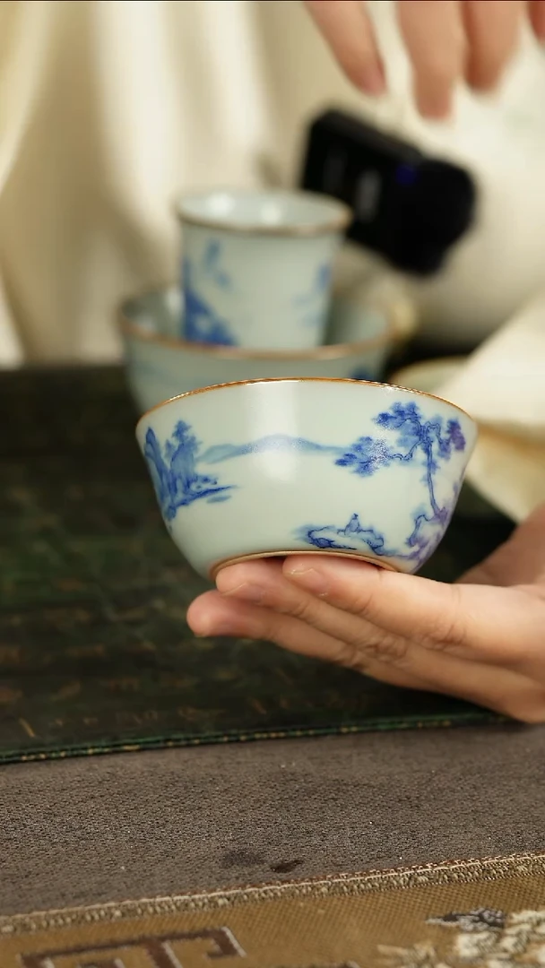 善窑厂汝窑山水鸡缸杯