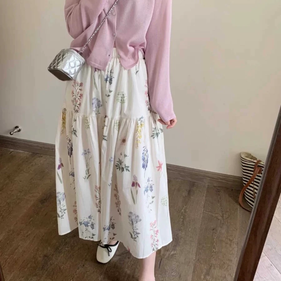 彩色植物印花松紧腰半身裙女2025春夏小清新文艺少女感减龄中长裙