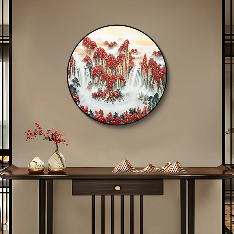 鸿运当头圆形装饰画玄关过道客厅壁画新中式进门山水画鸿运6060