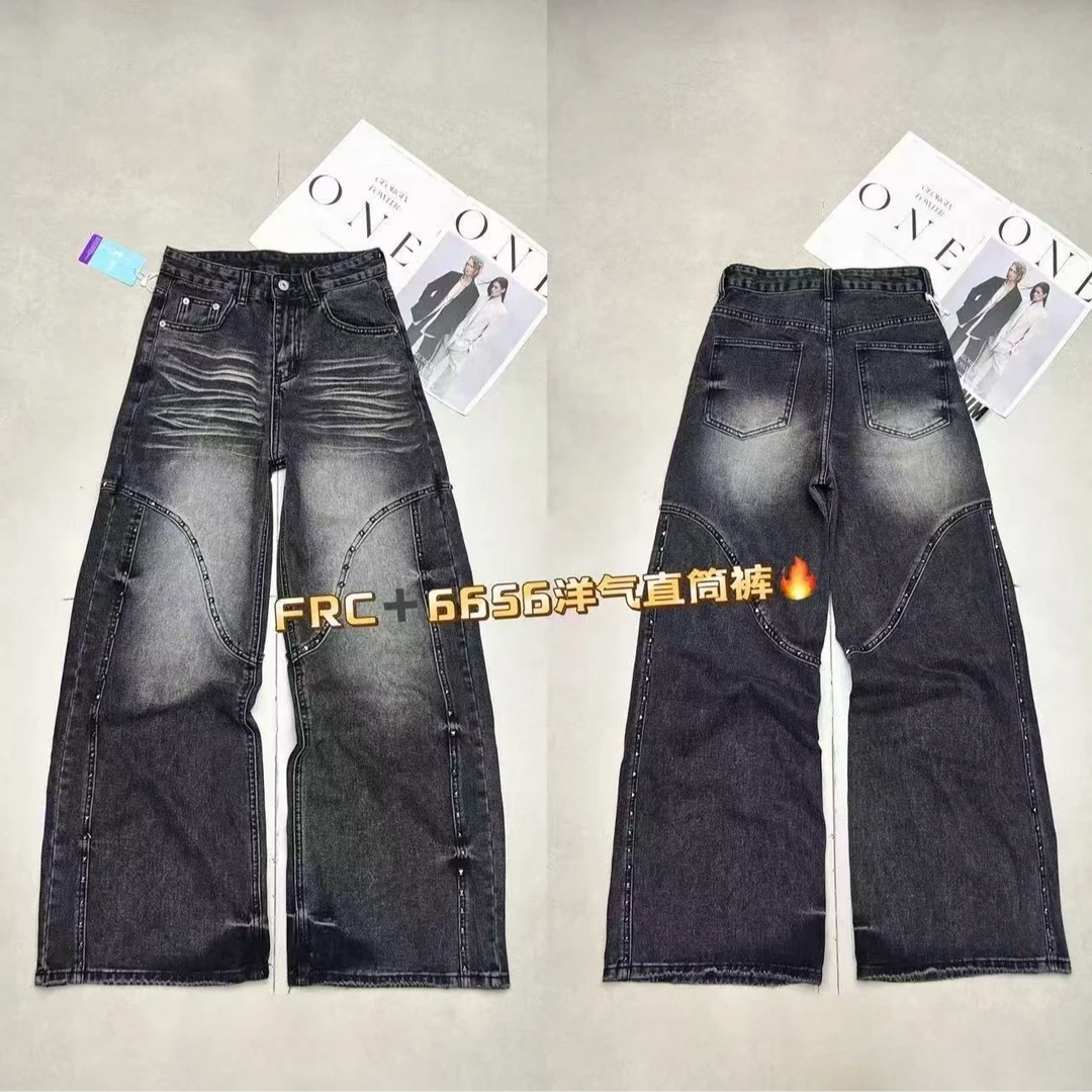 LY家6656#FRC秋季黑色水洗牛仔重工钉珠休闲百搭无弹阔腿裤