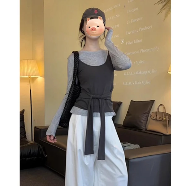 2025超火穿搭一整套早秋季女装针织长袖T恤叠穿吊带上衣两件套装