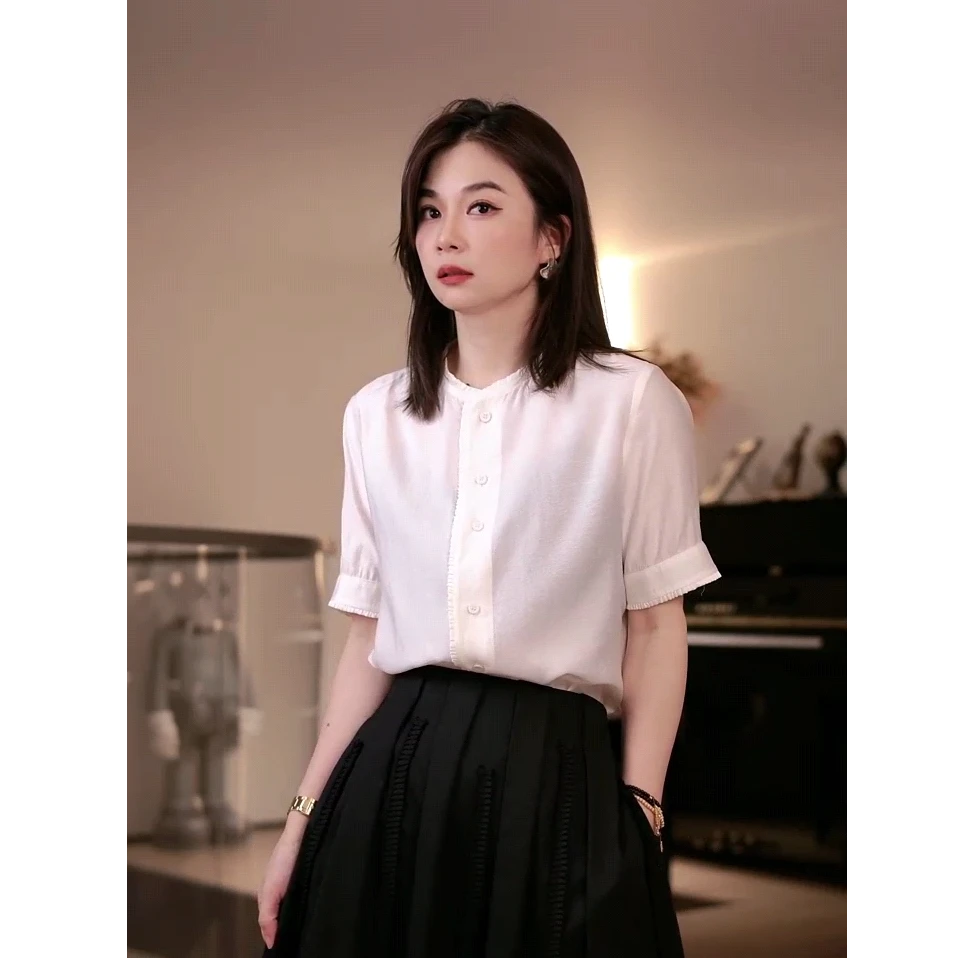 大胡子25年圆领宽松型衬衫气质上衣女装夏季简约短袖衬衫87222