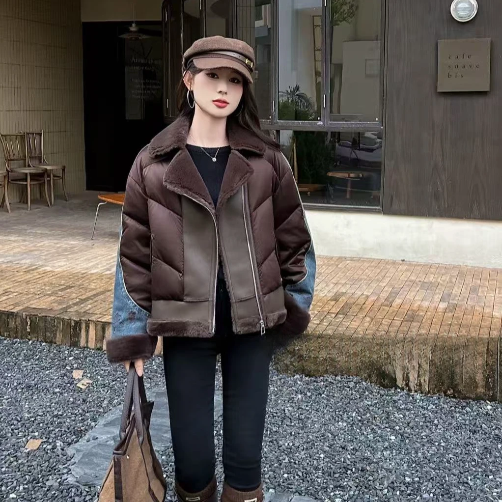 【锦衣服饰】YQN 118韩系时尚拼接毛翻领刺绣牛仔袖短羽绒服