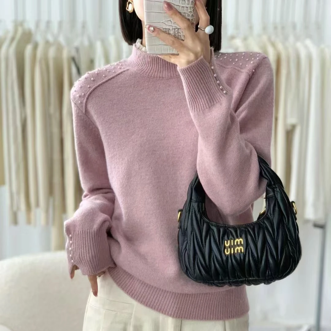 【高端品质】秋冬新款肩膀钉珠半高领花边针织衫时尚洋显瘦女装毛衣