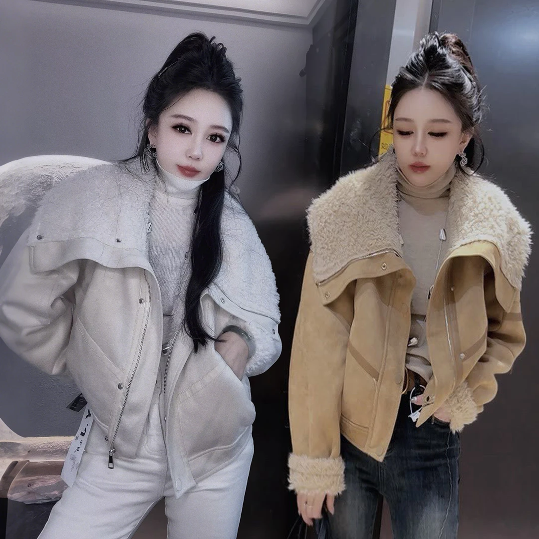 冬季爆款洋气大翻领短款外套女精致休闲百搭复古减龄加绒加厚上衣