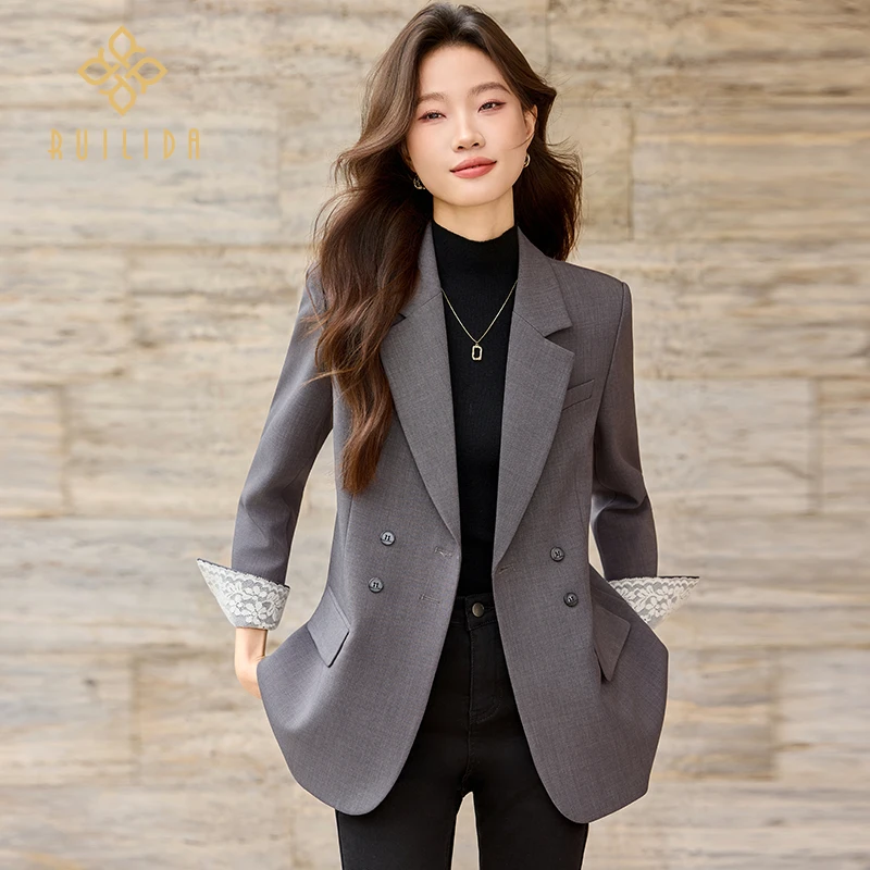 RUILIDA秋季蕾丝拼接气质休闲宽松百搭时尚显瘦韩版小西装外套