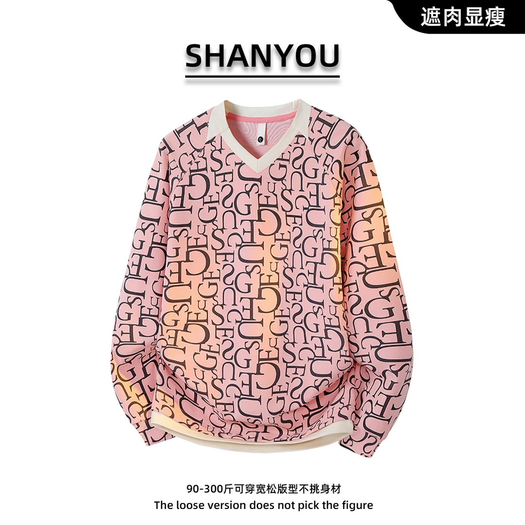 时尚满印宽松卫衣男痞帅大码显瘦小V领外套青少年柔软保暖打底衫