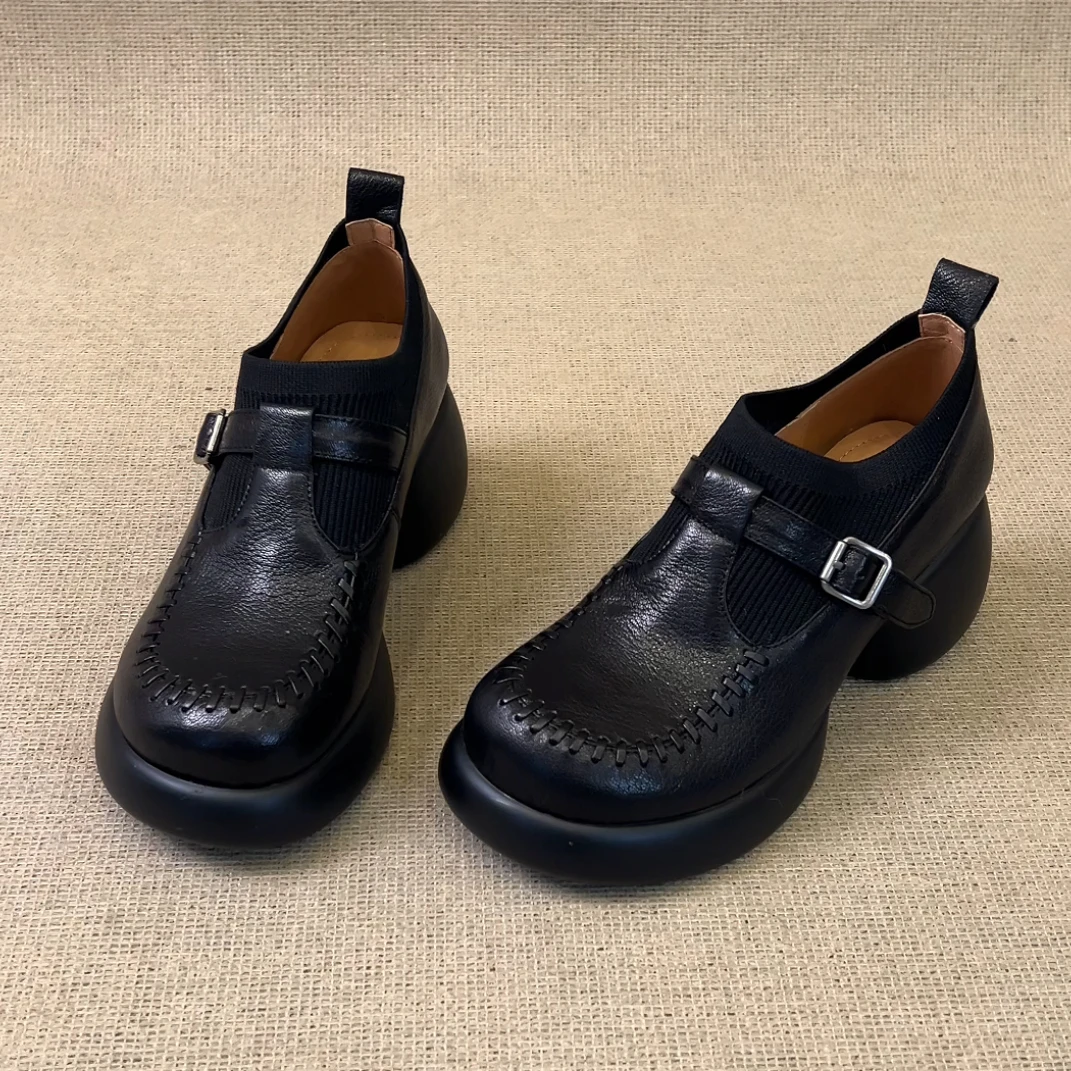 RubyL/6.5cm小个子通勤皮带扣拼接针织一脚蹬圆头深口厚底单鞋