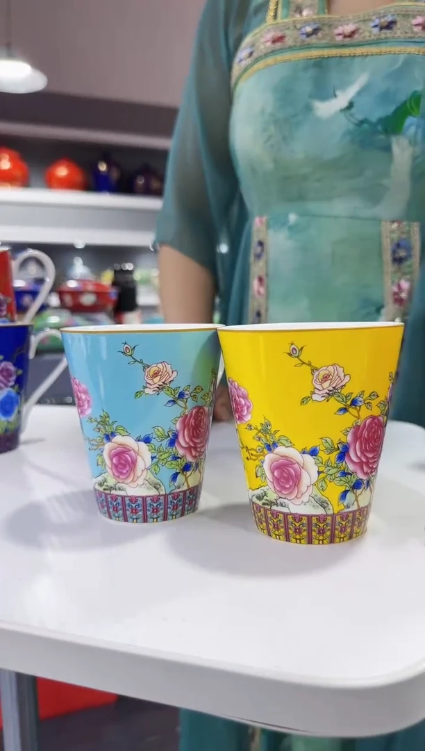 珐琅 牡丹花卉杯子2只装景德镇陶瓷