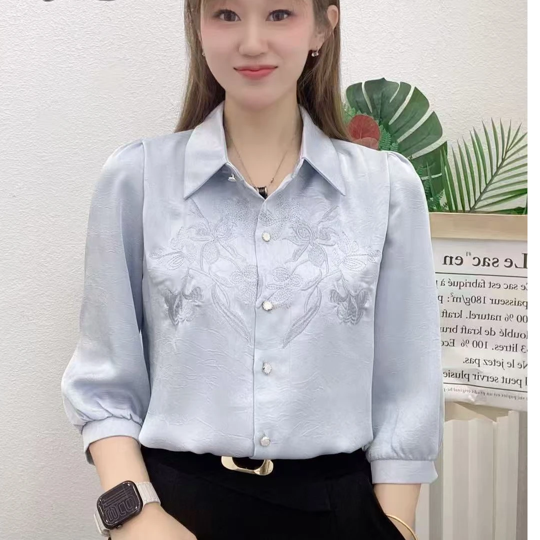 2025新款夏季时尚气质刺绣七分袖新中式国风衬衫显瘦百搭小衫女