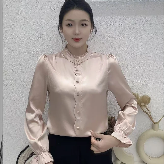 春季新款时尚百搭木耳边领气质光泽缎面长袖花苞袖女士小众衬衫