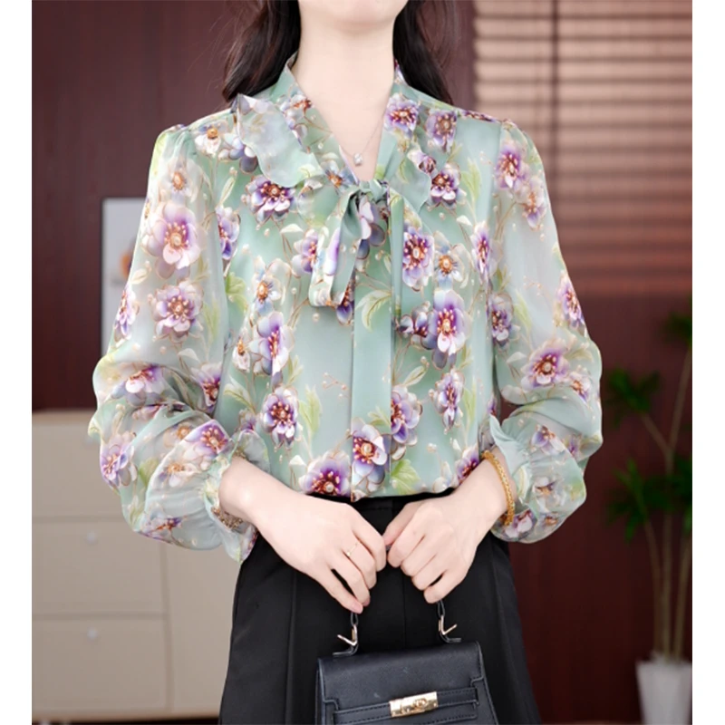 玉树琼花探春来2025春季新品印花系带轻奢减龄法式浪漫女士小衫