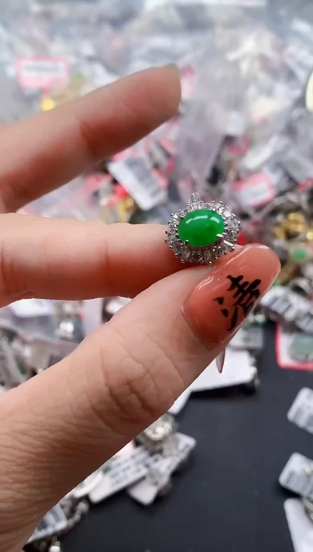 银S925镶嵌戒指翡翠天然A货缅甸翡翠