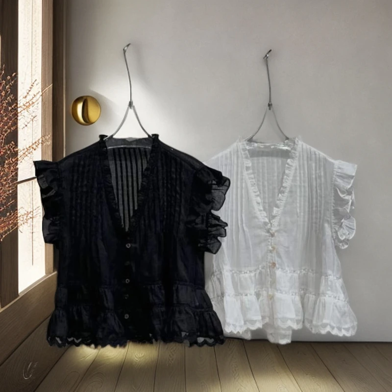 2025夏季新款时尚复古V领短袖衬衫女气质显瘦设计感减龄上衣