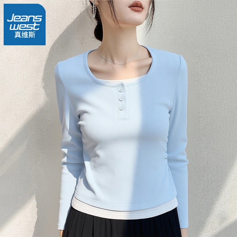 真维斯蓝色假两件长袖t恤女2026春新款薄款内搭单穿打底衫上衣L