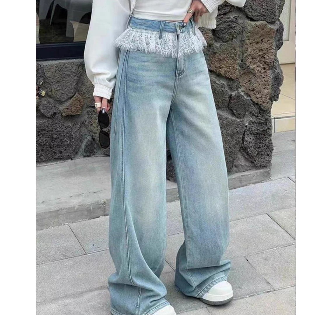 时尚潮款蕾丝拼接高腰设计感直筒牛仔裤