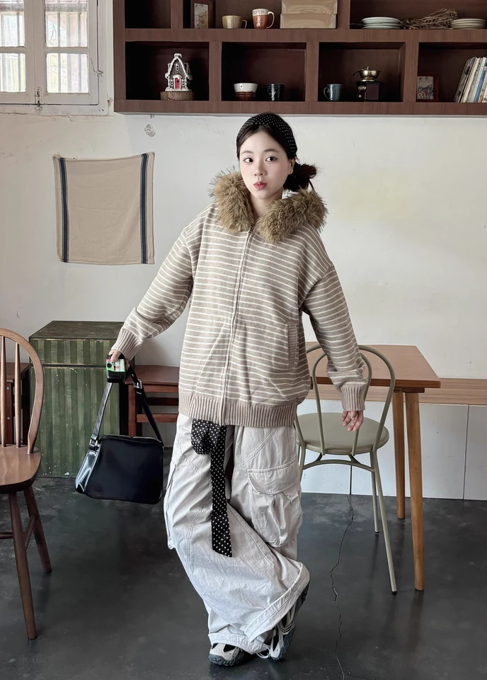 复古条纹大毛领针织衫外套秋冬季慵懒宽松情侣装连帽开衫毛衣