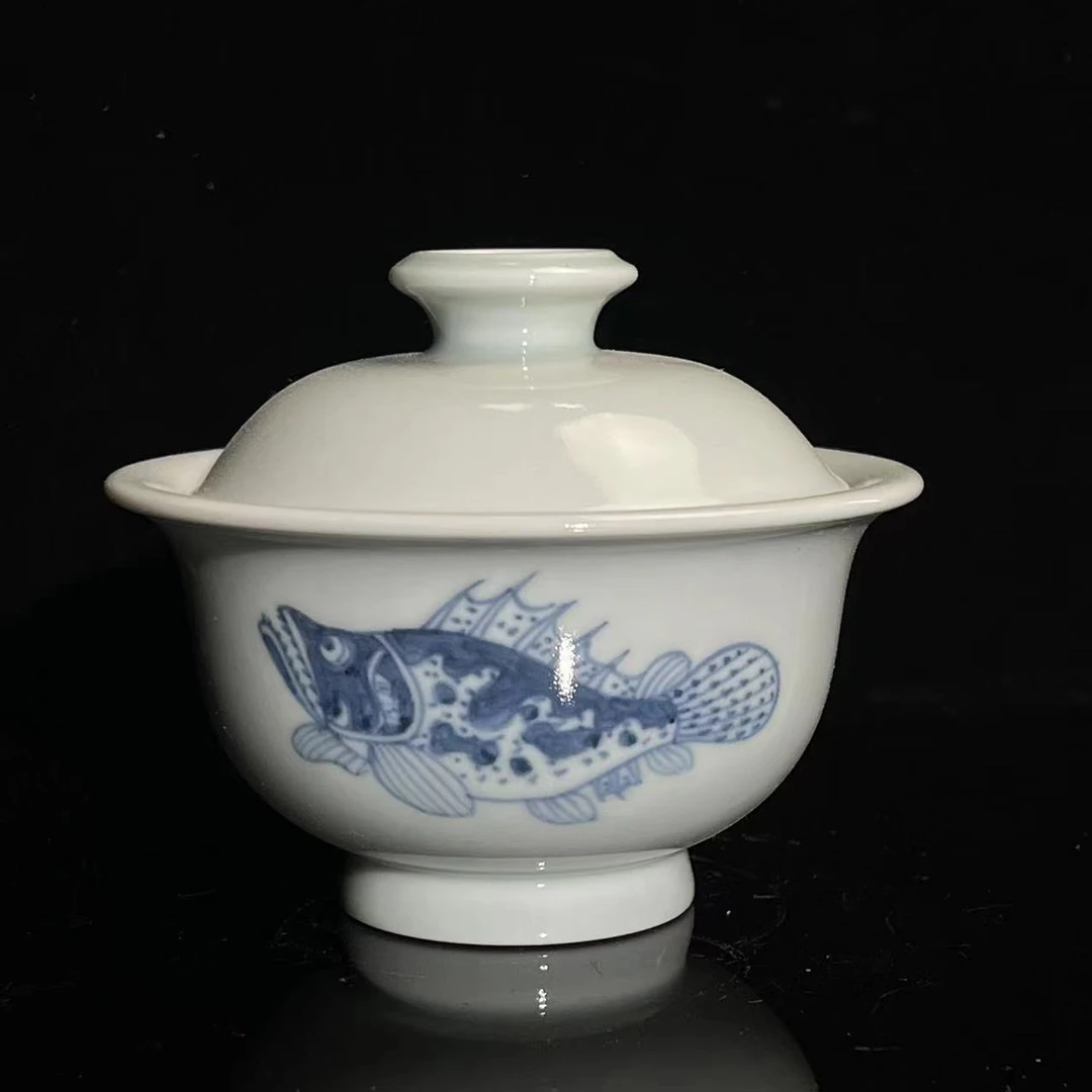 景德镇青花釉下手工手绘鳜鱼元宝盖碗两才哑光釉面