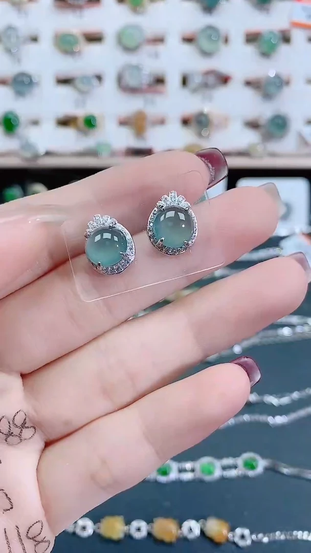 银S925镶嵌翡翠耳饰天然翡翠