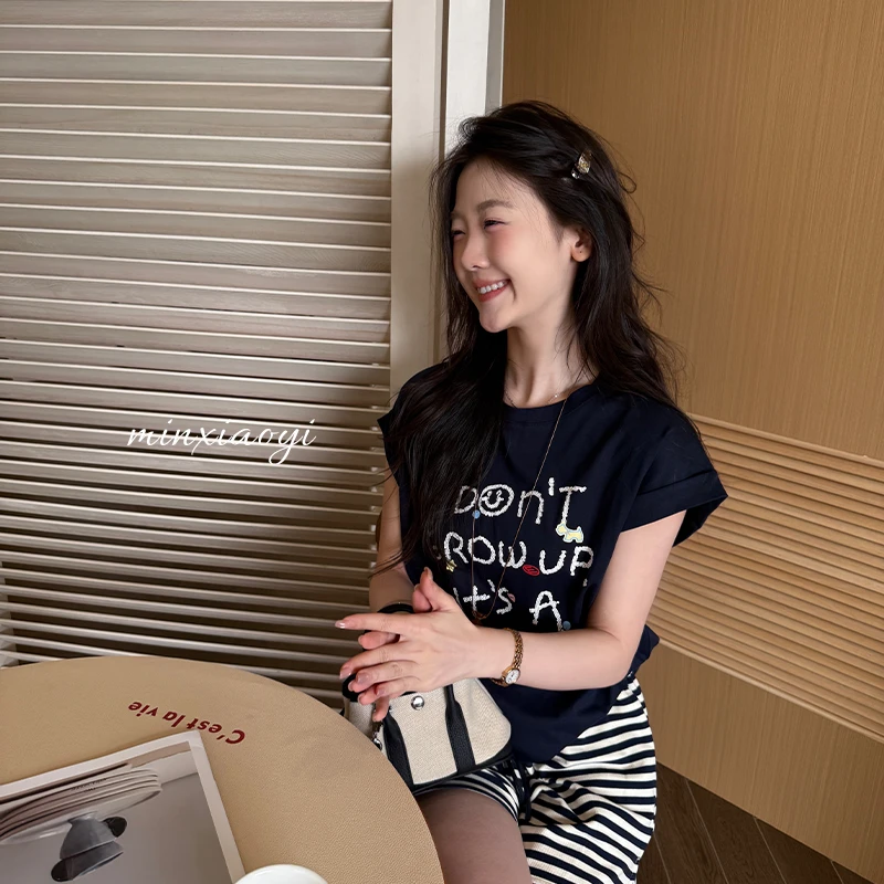 【闵笑一】蓝调时刻 小众设计夏季新款简约圆领字母短袖T恤女上衣