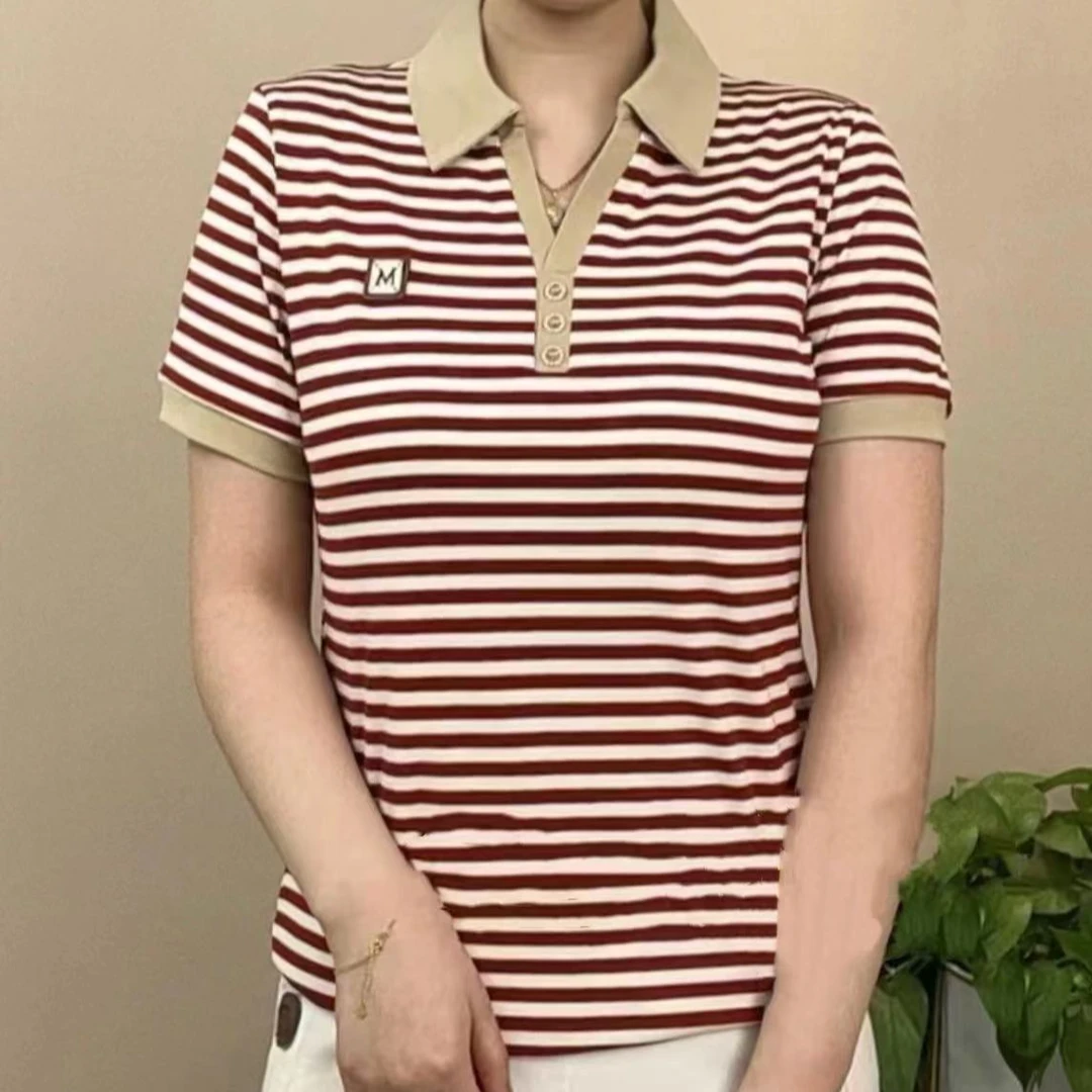 新款夏季薄款女士t恤短袖翻领条纹韩版大码显瘦宽松时尚妈妈上衣