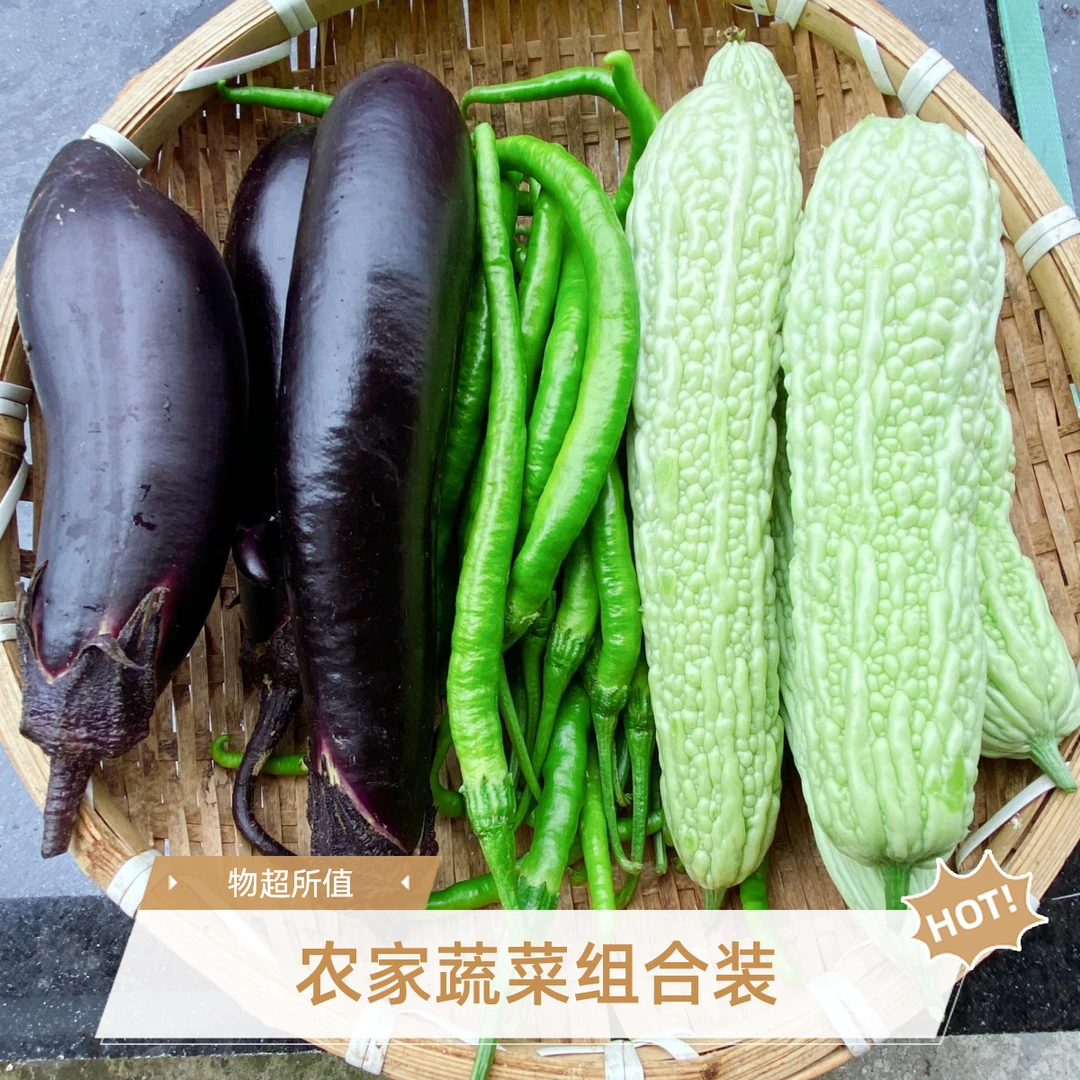 {苦瓜青辣椒时令蔬菜组合装}农家露天绿白苦瓜四川本地青辣椒茄子