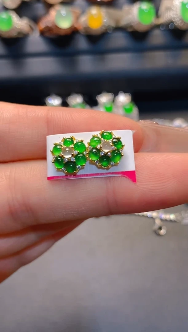 翡翠银S925镶嵌耳饰天然