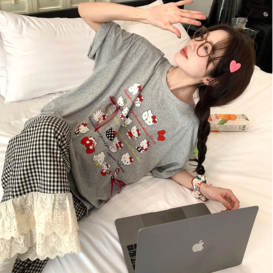 【卡通猫】蝴蝶结短袖睡衣女春夏宽松出街格子长裤韩系家居服