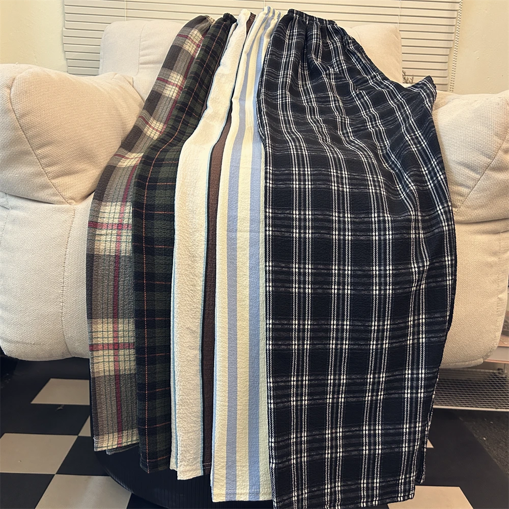 高个子加长版遛弯裤女薄款深色格子休闲宽松睡裤男款直通春秋夏裤