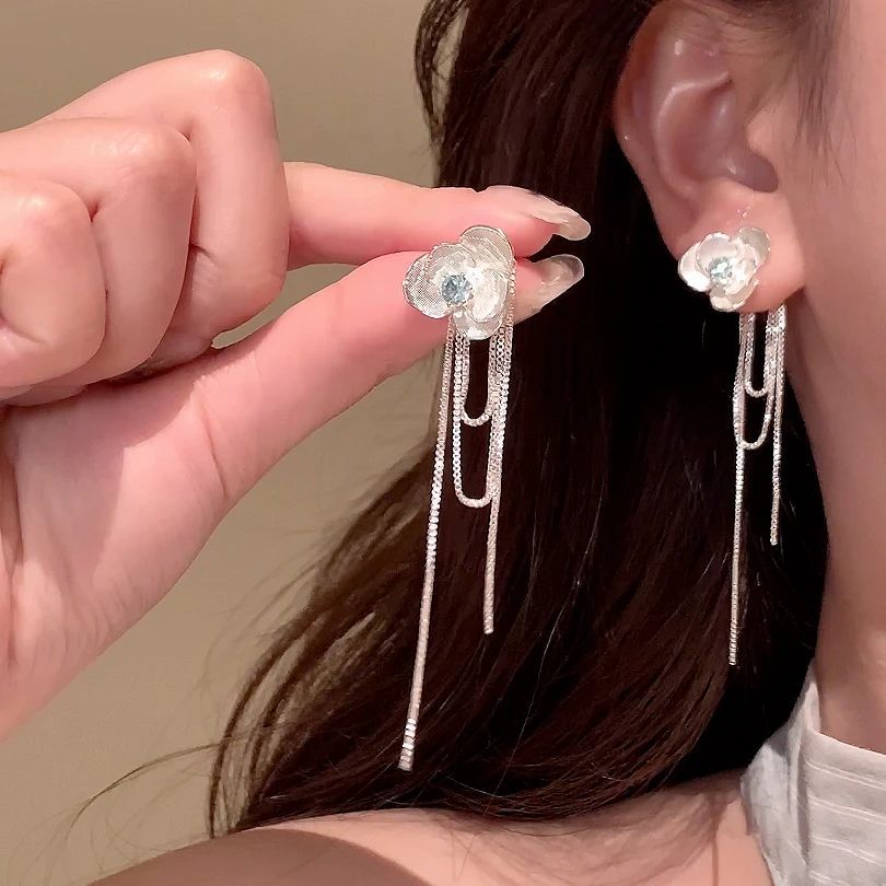 铜合金锆石耳饰 春夏气质闪锆山茶花流苏耳环女轻奢两戴耳针耳饰