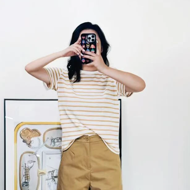 2025夏季新款设计师大版舒适短袖长款时尚黄白条纹圆领短袖