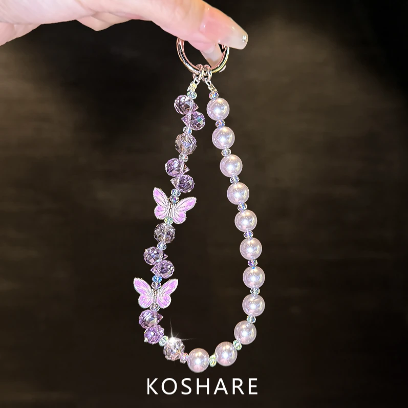 【烟雨粉蝶】初秋爆闪水晶珍珠斜挎可背手腕手机链挂绳高级感网红款