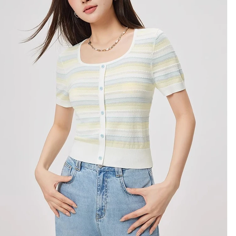 小香风圆领短袖条纹针织开衫女夏季新款甜美减龄显瘦修身上衣