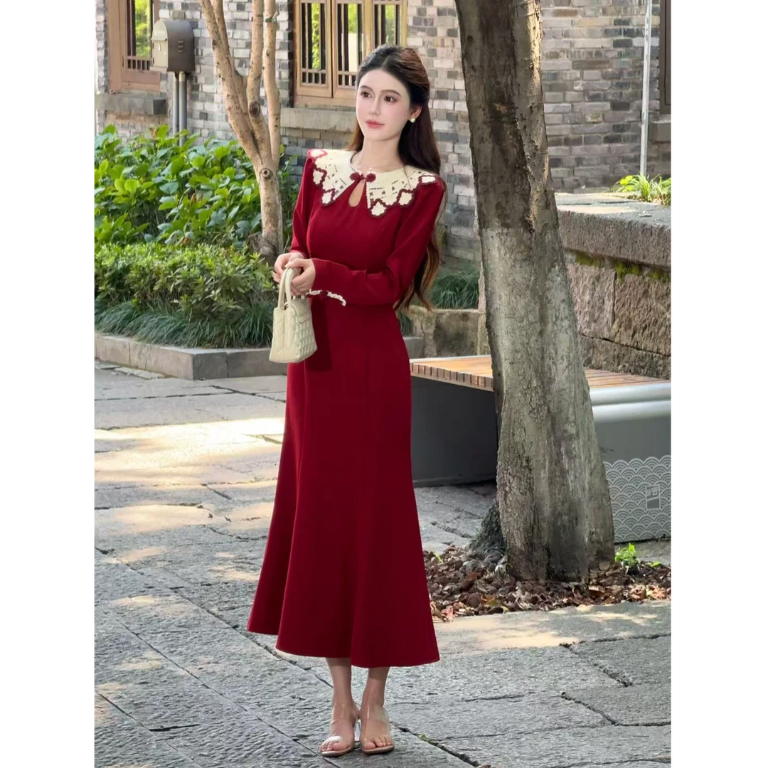 【馥郁玫瑰】LiLi新中式国风复古红色设计款鱼尾连衣裙 XMZH4661