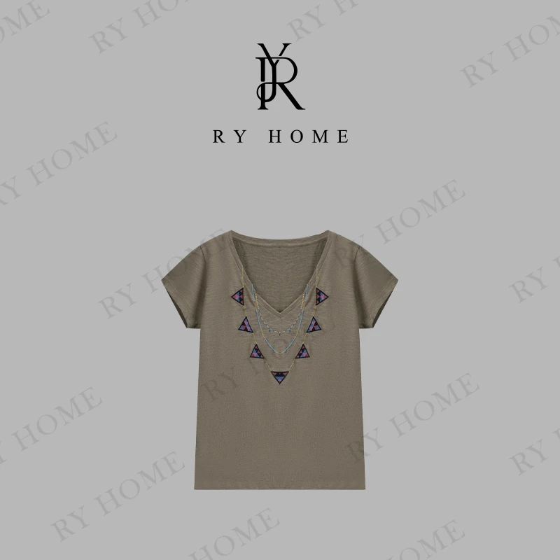 【容雨RYHOME】复古V领70's Bohemia绣花T恤251T1908