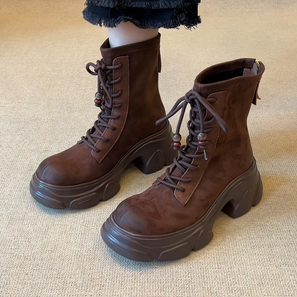 RubyL/6.5cm小个子通勤复古风百搭串珠系带圆头厚底马丁靴女款